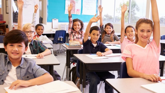 Private School Guide with children sitting at desks raising their hands